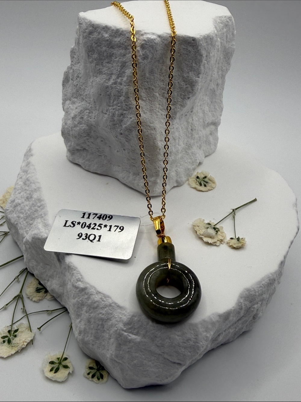 Olive Green Jade Ring Pendant Necklace with Gold Chain
